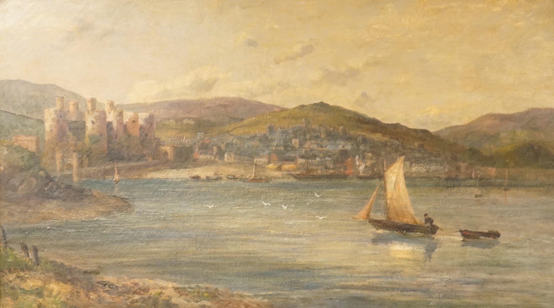William Meredith (1851-1916), finished by George Hayes (1824-1895), British port scene with boats, signed, oil on canvas, 39 x 69cm, ornate gilt frame